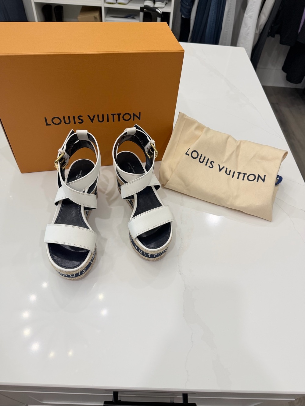 Louis Vuitton White Leather Espadrille Platform Wedges
